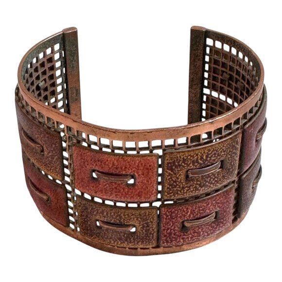 Vintage Matisse Renoir Copper Enamel Cuff Bracelet MCM Modern Grid Panel Design - Picture 1 of 11